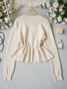 2026SS New French Style Cinched Waist Mermaid Hem Knit Cardigan, Slim Fit Textured Round Neck Single-Breasted Short Sweater - Apricot - View 8