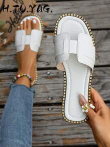 Korean Style Casual Flat Slippers, Holiday Essential, Open Toe Woven Roman Sandals For Summer, Fashion Slip-On Sandals For Women To Wear With Dresses - White - View 2