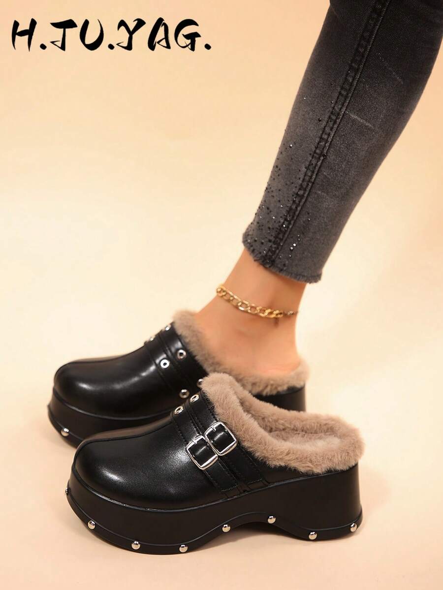 Metal Buckle Thick Sole Loafer Mule Slippers Rivet Platform Closed Toe Slippers Women's Casual Slouchy Shoes - Black - View 1