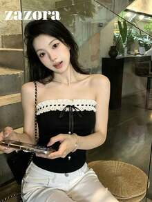 女款黑色蕾絲飾邊平口背心上衣，夏季無袖修身露背性感短版休閒上衣 - 黑與白 - 查看 3