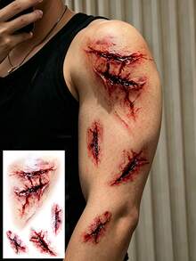3Pcs Halloween Zombie Scar Temporary Tattoo Stickers, Fake Bloody Stitched Wound Scars, Waterproof Long-Lasting Fake Tattoos, Perfect For Makeup Parties, Pranks And More - Red - View 3