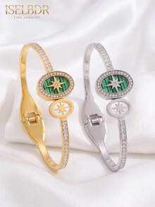 2pcs/Set Unisex Gold & Silver Stainless Steel Polaris Rhinestone Bracelet Set, 18K Gold Plated Green Striped Hollow Design Bracelet, Elegant Daily Jewelry Gift - Multicolor - View 1