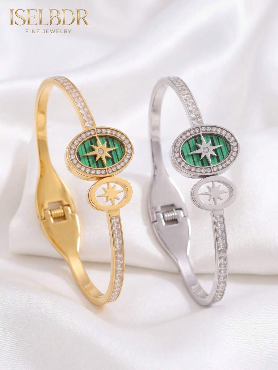 2pcs/Set Unisex Gold & Silver Stainless Steel Polaris Rhinestone Bracelet Set, 18K Gold Plated Green Striped Hollow Design Bracelet, Elegant Daily Jewelry Gift - Multicolor - View 1