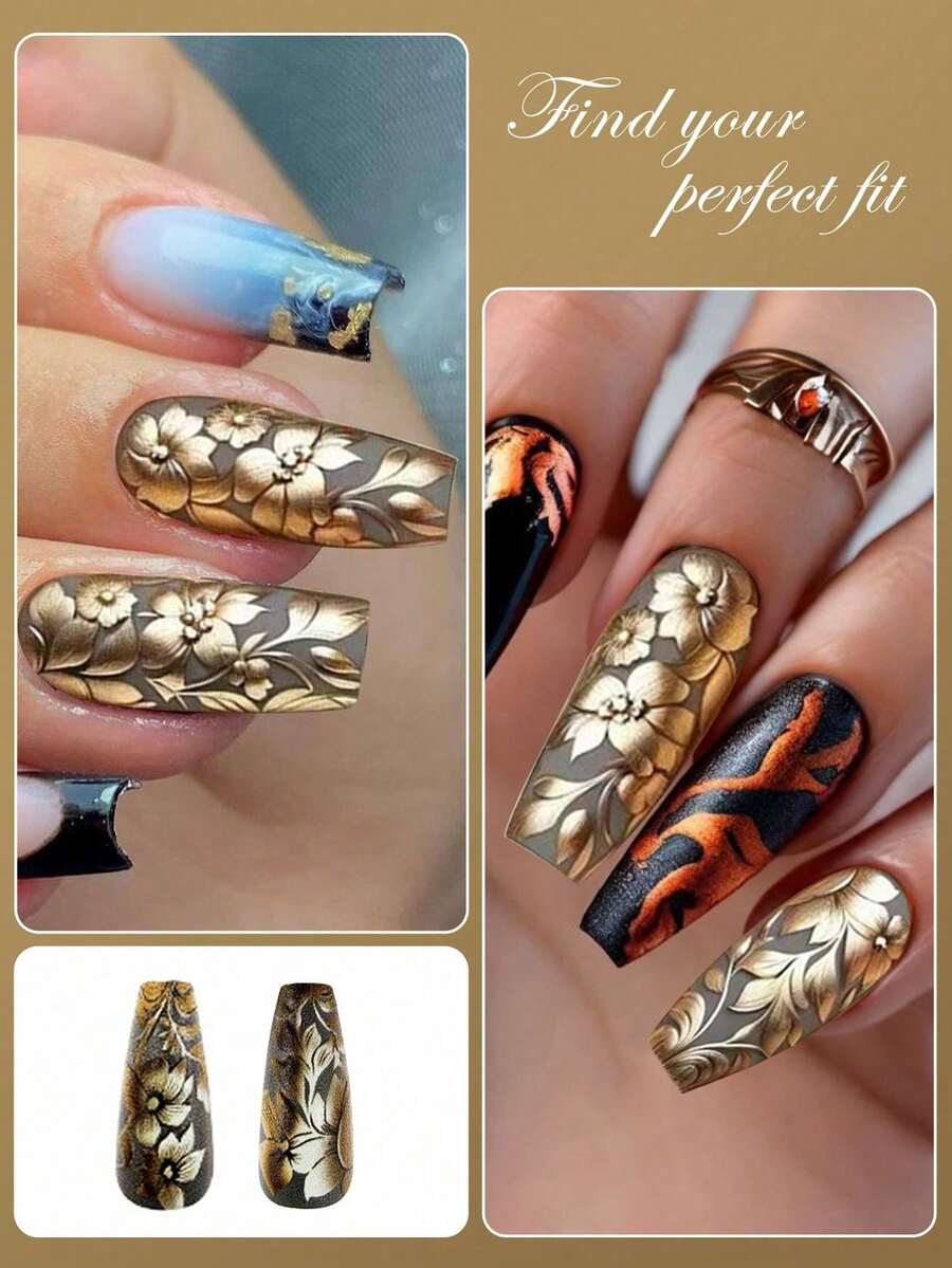 MAOMIA 24Pcs Matte Ballet False Nail Set - Medium Length, Autumn And Winter Warm Tones With Gold Embellishments And 3D Embossed Flowers, Press-On Nail Art, Easy To Apply And Remove - Multicolor - View 1