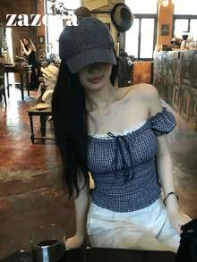 Korean Style Cold Shoulder Plaid Bow Top, Textured Short Petal Sleeve Cinched Waist Summer Blouse - Blue - View 7