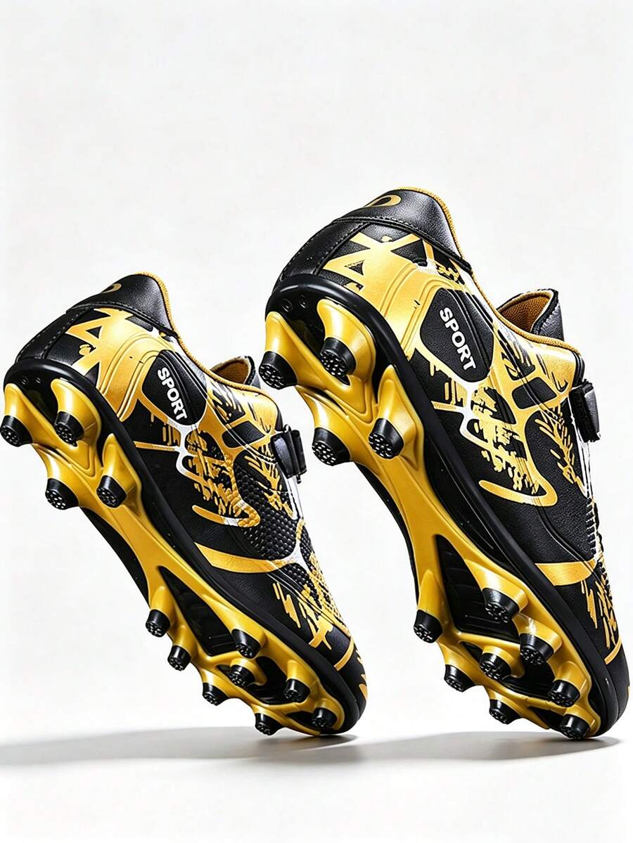 1 Pasang Sepatu Sepak Bola Motif Kamuflase Hitam & Emas, Paku Panjang, Anti Selip Cepat, Penutup Velcro, Mudah Dipakai/Dilepas, Ringan & Bernapas (Pola & Warna Kamuflase Asimetris pada Bagian Atas)