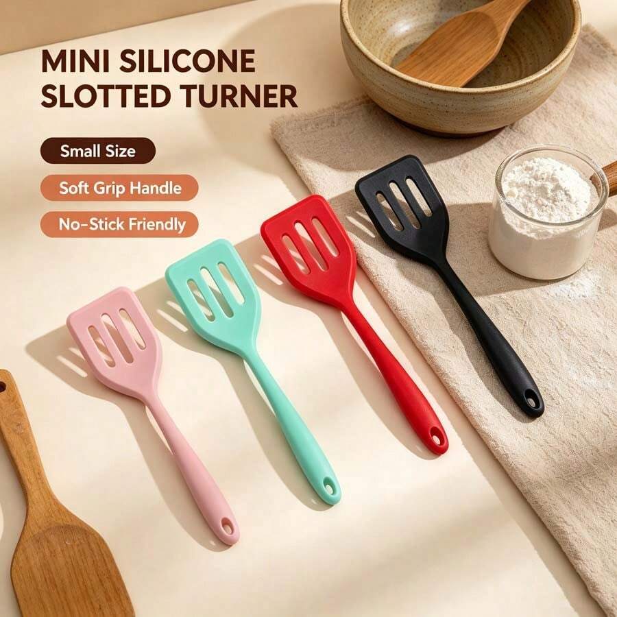 Mini Size - 8 Inch Silicone Slotted Spatula 1/2 Packs - High Heat Resistant Soft Flip Turner - Non-Stick Kitchen Utensil Suitable For Fish/Eggs/Pancakes/Burgers, Dishwasher (Black/Red/Pink/Green) - Multicolor - View 1