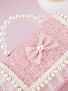 1pc Mini Kids Handbag With Pearl Lace And Bow Decor Flap Closure, Fashion Chain Crossbody Bag For Girls, Snack Coin Purse, Suitable For Holidays And Daily Use - Pink - View 4