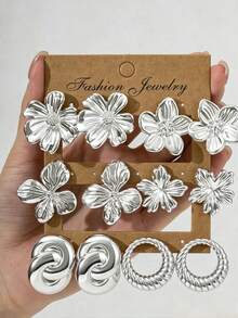 2/12PCS Fashion Elegant Exquisite Floral Circle Multi-Element Silver Metallic Earring Set, Suitable For Women's Daily Wear In Various Occasions - Silver - View 5