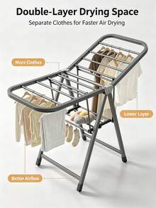 Movable 1.4M Double‑Tier Drying Rack, Foldable Metal Clothes Drying Rack With Hidden Moving Casters, Multi‑Rod Large‑Capacity Load‑Bearing Garment Airer, Anti‑Slip Base Stable Household Laundry Tool For Balcony And Indoor Home Use - Grey - View 4
