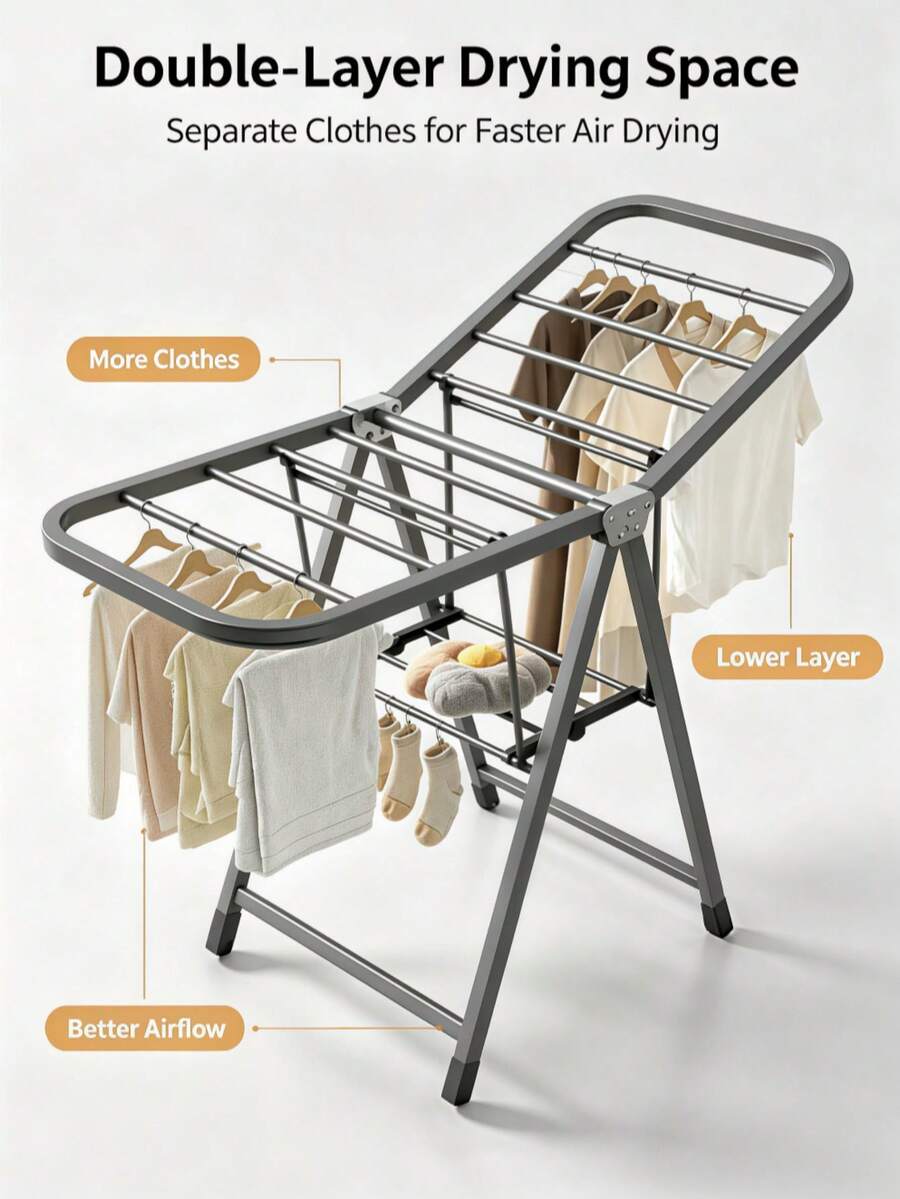 1.4M Movable Double‑Tier Drying Rack, Foldable Metal Clothes Drying Rack With Hidden Moving Casters, Multi‑Rod Large‑Capacity Load‑Bearing Garment Airer, Anti‑Slip Base Stable Household Laundry Tool For Balcony And Indoor Home Use - Grey - View 1