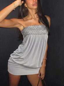 DOUCIU Women's Sexy Ruched Knitted High Neck Bodycon Short Dress, Long Sleeve Mini For Evening And Party Wear - Grey - View 4