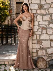 Autumn/Winter Elegant Strapless Satin Corset With Fishbone Structure, Sequin Patchwork Mermaid Hem, 2 In 1 Long Evening Dress, Suitable For Parties, Weddings And Holidays - Champagne - View 6