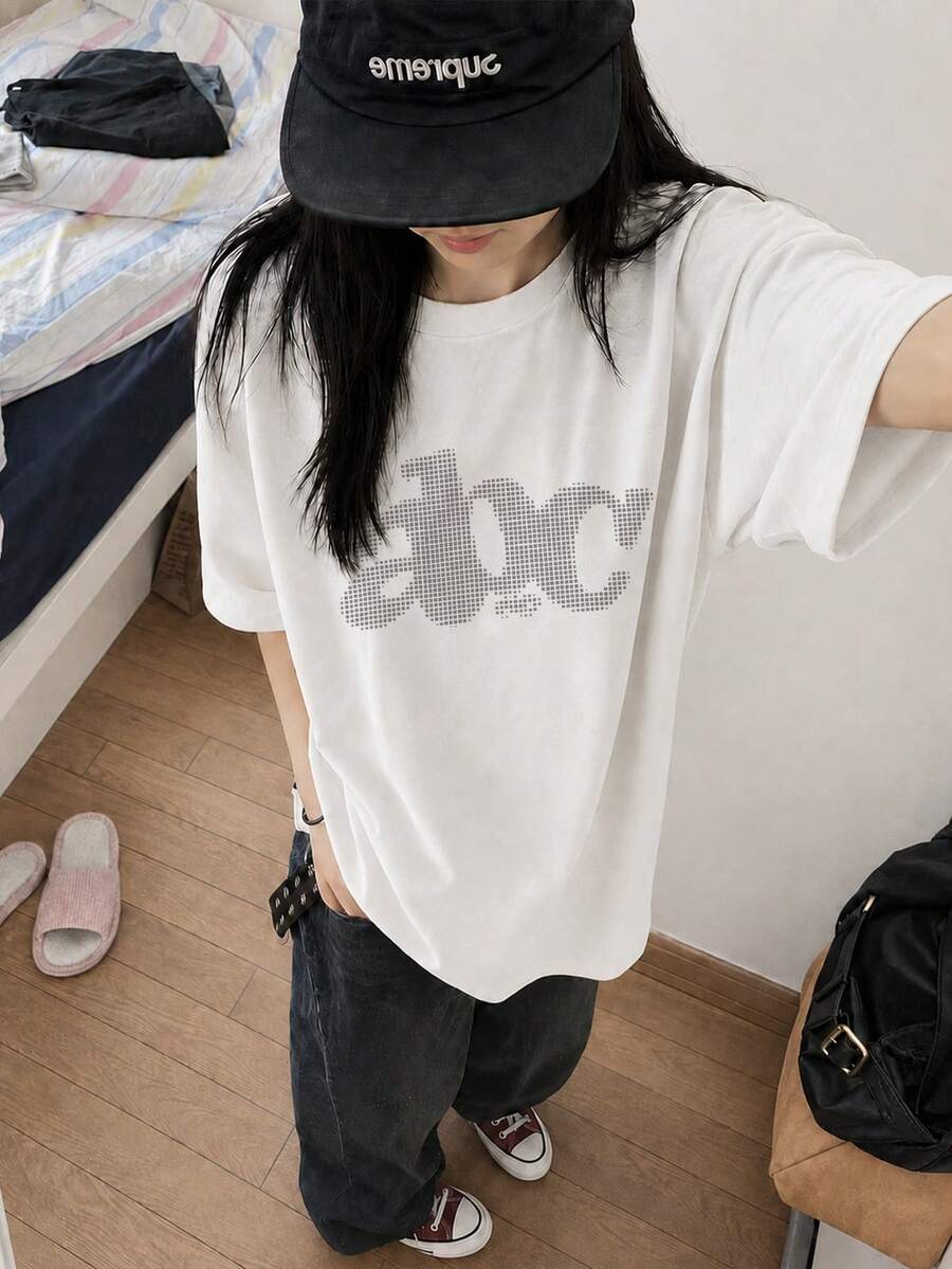 日系女款春夏寬鬆圓領休閒百搭字母印花短袖T恤夏季上衣白色 - 白色 - 查看 1