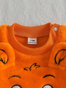 Baby Boy 3D Tiger Ear Fleece 2 Pieces Set, Cartoon Tiger Embroidered Sweatshirt + All-Over Print Pants, Soft & Comfortable Outfit For Newborns - Orange - View 6