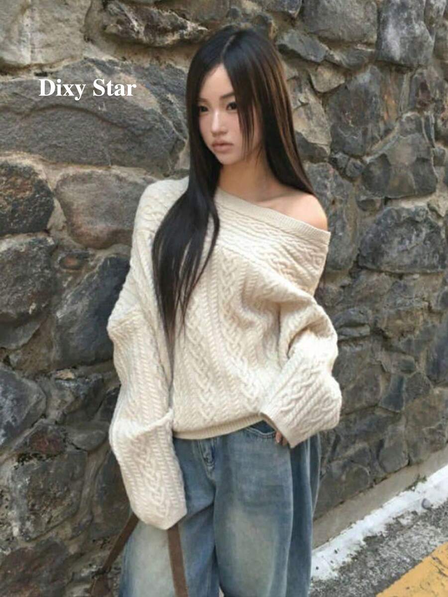 Sweater Lengan Panjang Bahu Asimetris Gaya Prancis untuk Wanita Musim Dingin, Model Longgar, Atasan yang Melangsingkan - Aprikot - View 1