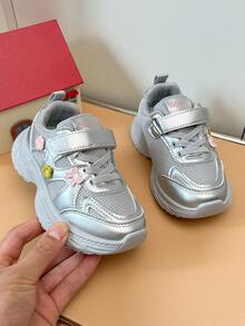 Children's Mesh Chunky Sneakers With Colorful Floral Accents, Hook & Loop Closure, Easy On/Off, Campus Daily Wear Sneakers - Grey - View 6