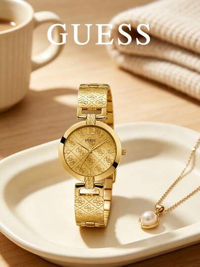 GUESS W1228L2 Women's Quartz Watch, Gold Round Case, Letter Embossed Dial, Steel Chain Band, 3ATM Water Resistant, Luxury Dress Watch