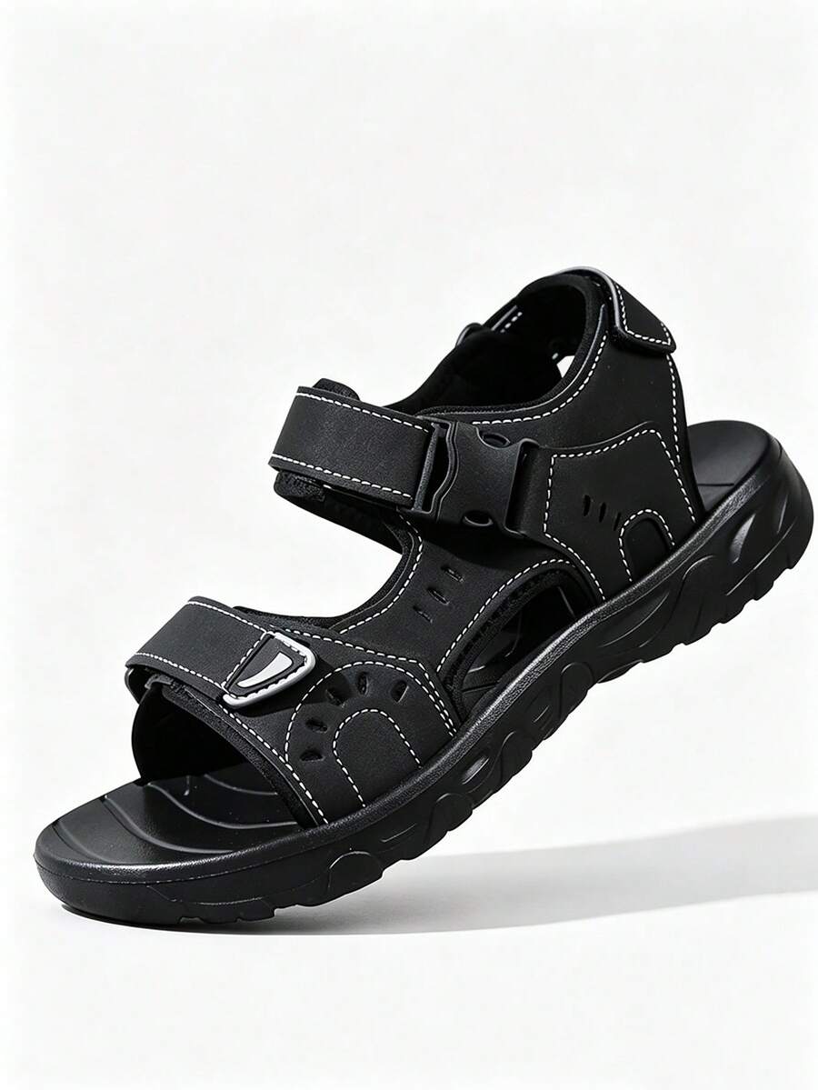 1 Pair Black Classic Solid Color Beach Sandals With Hook-And-Loop Buckle Dual Adjustable Design, Breathable Comfortable Casual Versatile - Black - View 1
