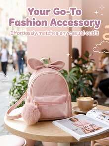 1 buah Tas Ransel Kecil Lucu Berbahan Plush dengan Pita untuk Anak Perempuan, Tas Aksesori Perjalanan yang Modis - Baby Pink - View 6