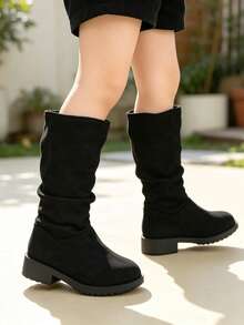 Sepatu Bot Anak Perempuan Hitam Suede Berlipit Setinggi Betis, Hak Rendah Anti Selip, Sepatu Bot Longgar Serbaguna untuk Musim Gugur/Dingin - Hitam - View 3