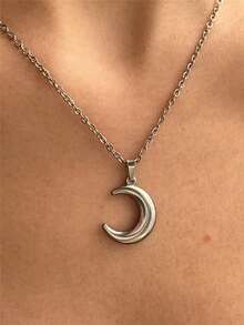 1pc Silver Stainless Steel Moon Pendant Necklace, Suitable For Daily Wear, Unisex Necklace, Minimalist Fashion, Unique Design, Hip Hop Punk Geometric Collarbone Chain, Fade-Resistant - Silver Moon - View 7