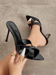 Pointed Toe Stiletto Heel Mule Shoes, Suitable For Women, Glossy PU Cross Strap Open Toe Black High Heel Sandals, Suitable For Dating, Evening Party, Wedding, Commuting Occasions - Black - View 1
