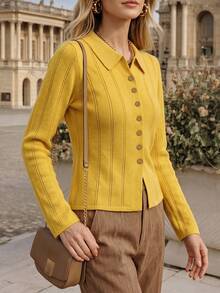 DONICY Women Elegant Outfit Autumn Winter Polo Collar Knit Cardigan, Vertical Stripe Slim Short Button Down Long Sleeve Top - Mustard Yellow - View 8