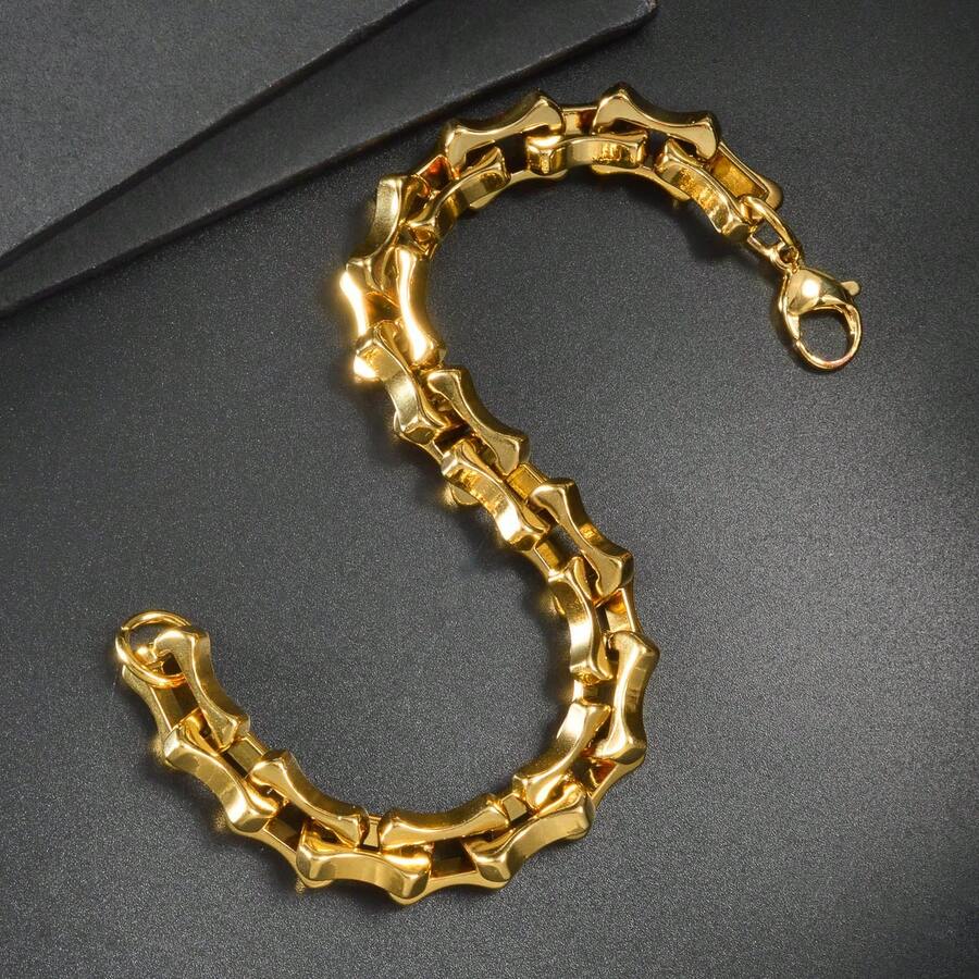 Men Thick Hip-Hop Style 18K Gold-Plated Smooth Bamboo Bracelet, Personalized Street Accessory Jewelry, Suitable For Daily Party Wear - Gold - View 1