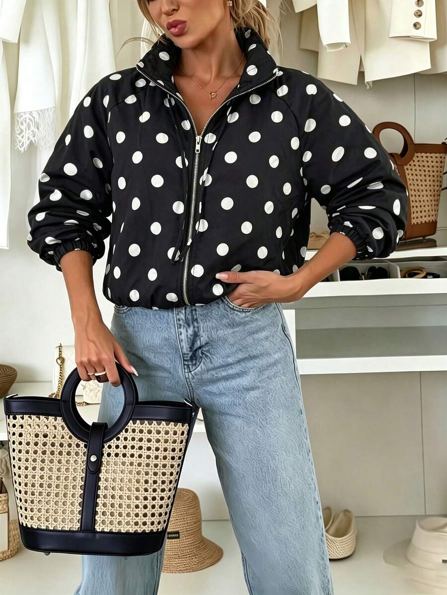 Fashion Drawstring Stand Collar Loose Drop Shoulder Polka Dot Short Jacket - Black - View 1