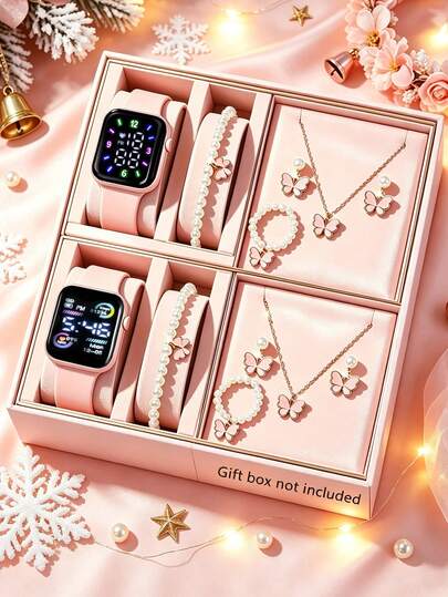 12/6/1pc Jam Tangan Wanita Elegan Mewah Fashion LED Digital Display Elektronik dan Set Perhiasan Gelang, Kalung, Cincin, dan Anting-anting Mutiara Kupu-kupu, Cocok Sebagai Hadiah Ulang Tahun/Liburan untuk Keluarga/Teman, Dekorasi Pesta Musim Kembali ke Sekolah, Liburan, Perjalanan, Hadiah Sempurna untuk Wanita di Hari Valentine/Natal/Halloween (Kotak Hadiah Tidak Termasuk)