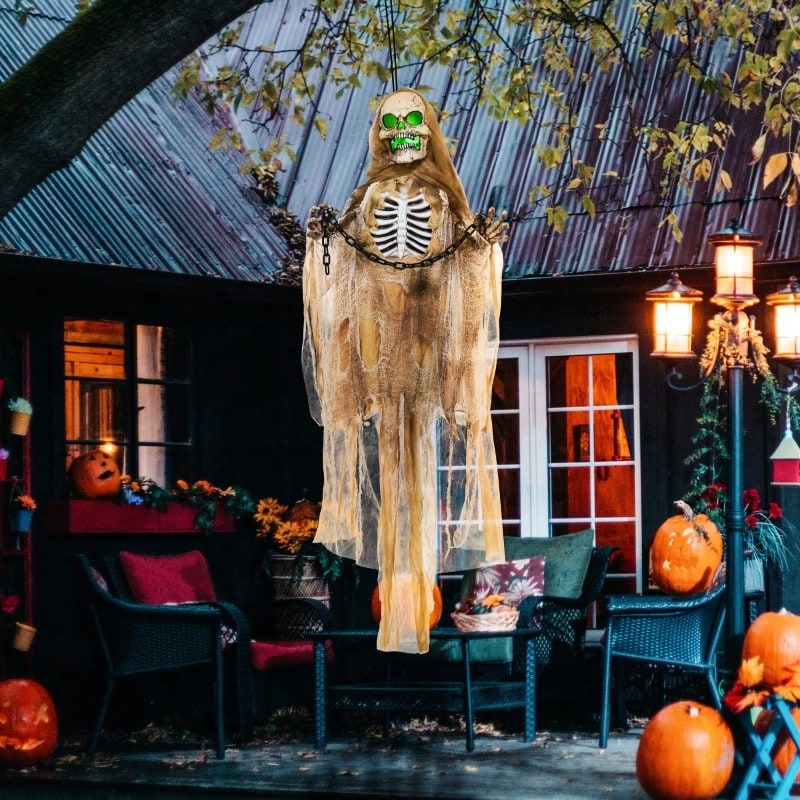 6ft Hanging Skeleton Ghost Figure With Glowing Eyes And Chest, Halloween Decorative Prop - View 1