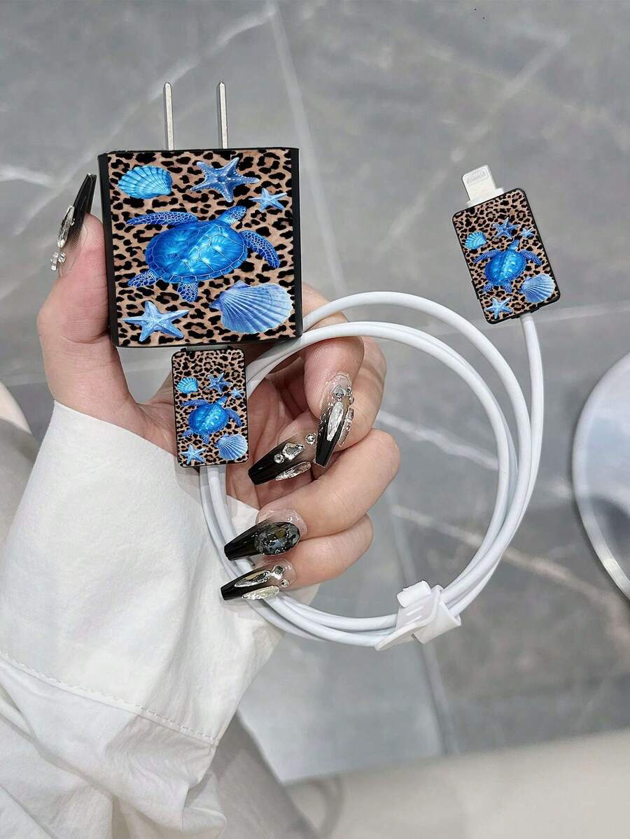 Leopard Print & Ocean Element Pattern Phone Charger Set 20W/18W, Charger Head Protective Case, Compatible With Apple 13/16/15/14 Charger Protection Set - Multicolor - View 1