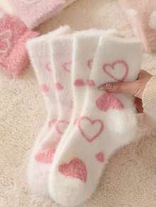2/4 Pairs White And Pink Fuzzy Women's Mid-Calf Socks, Heart Pattern Warm Socks, Soft And Comfortable, Random Color - Multicolor - View 3