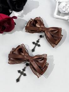 2pcs/Set Women's Lace Ribbon Dark Color Gothic Style Cross Hair Clips, Suitable For Holiday Dress-Up And Gothic Enthusiasts Daily Wear - Multicolor - View 1