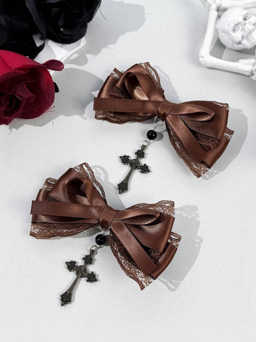 2pcs/Set Women's Lace Ribbon Dark Color Gothic Style Cross Hair Clips, Suitable For Holiday Dress-Up And Gothic Enthusiasts Daily Wear - Multicolor - View 1