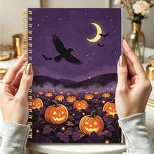 DANPERJI 1pc A5 Spiral Notebook, Mystical Halloween Cover, Raven Pumpkin Bats, Nightscape Cover, Writing Diary, Atmospheric Dark‑Holiday Style, Daily Work & Personal Recording, Mind Notes, Personal Reflection Journal - A-nX - View 1