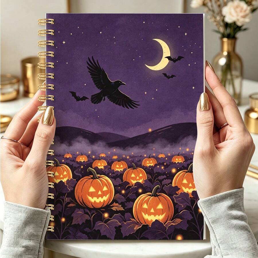 DANPERJI 1pc A5 Spiral Notebook, Mystical Halloween Cover, Raven Pumpkin Bats, Nightscape Cover, Writing Diary, Atmospheric Dark‑Holiday Style, Daily Work & Personal Recording, Mind Notes, Personal Reflection Journal - A-nX - View 1