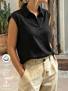 Spring/Summer Plus Size Women's White Linen Blend Lapel Sleeveless Shirt, Side Cutout Line Detail V-Neck Casual Top, Suitable For Daily And Commuting Wear - Black - View 2