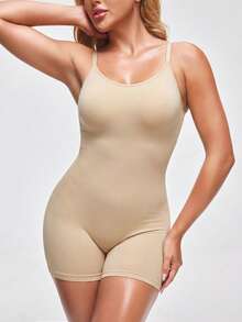 1pc Nude Plus Size Adjustable Spaghetti Strap Deep U Back Romper, Bust Support Tummy Control Waist Shaping Hip Lift, Ribbed High Elastic Seamless Body-Hugging Soft Breathable Shapewear, Dress Inner Layer Home Sports Streetwear Daily Halloween Layering Base Layer - Apricot - View 3