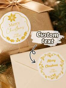 LICVIC Custom Text Christmas Gift Stickers, Personalized Family Name Labels, Elegant Golden Holiday Style, Customized Merry Christmas Envelope Seals, Customizable Gift Wrapping Labels, Christmas Cards, Present Decor, Holiday Party Gifts, Round Sticker - Style B - View 1