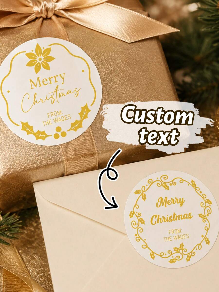 LICVIC Custom Text Christmas Gift Stickers, Personalized Family Name Labels, Elegant Golden Holiday Style, Customized Merry Christmas Envelope Seals, Customizable Gift Wrapping Labels, Christmas Cards, Present Decor, Holiday Party Gifts, Round Sticker - Style B - View 1
