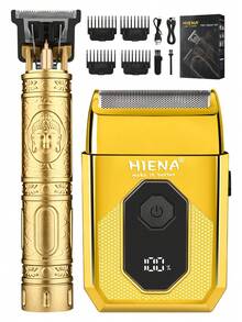 HIENA Men Hair Clipper & Electric Shaver Set, Dragon Pattern T-Blade Trimmer With Digital Display Foil Razor, USB Rechargeable Cordless Grooming Kit With Guide Combs, Ideal Gift For Him - Gold - View 1