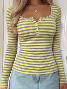SCARLUX Women's Autumn Y2K Basic Yellow & Grey Striped Long Sleeve Top, U-Neck Button Fitted Cropped T-Shirt, Suitable For Back To School Daily Streetwear - Yellow - View 3