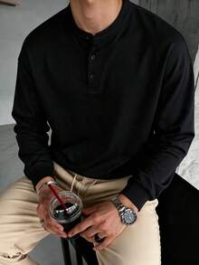 Men's Henley Collar Long Sleeve Polo Shirt, Casual Loose Fit With Button Placket, Suitable For Daily Wear And Outdoor Activities - Black - View 1