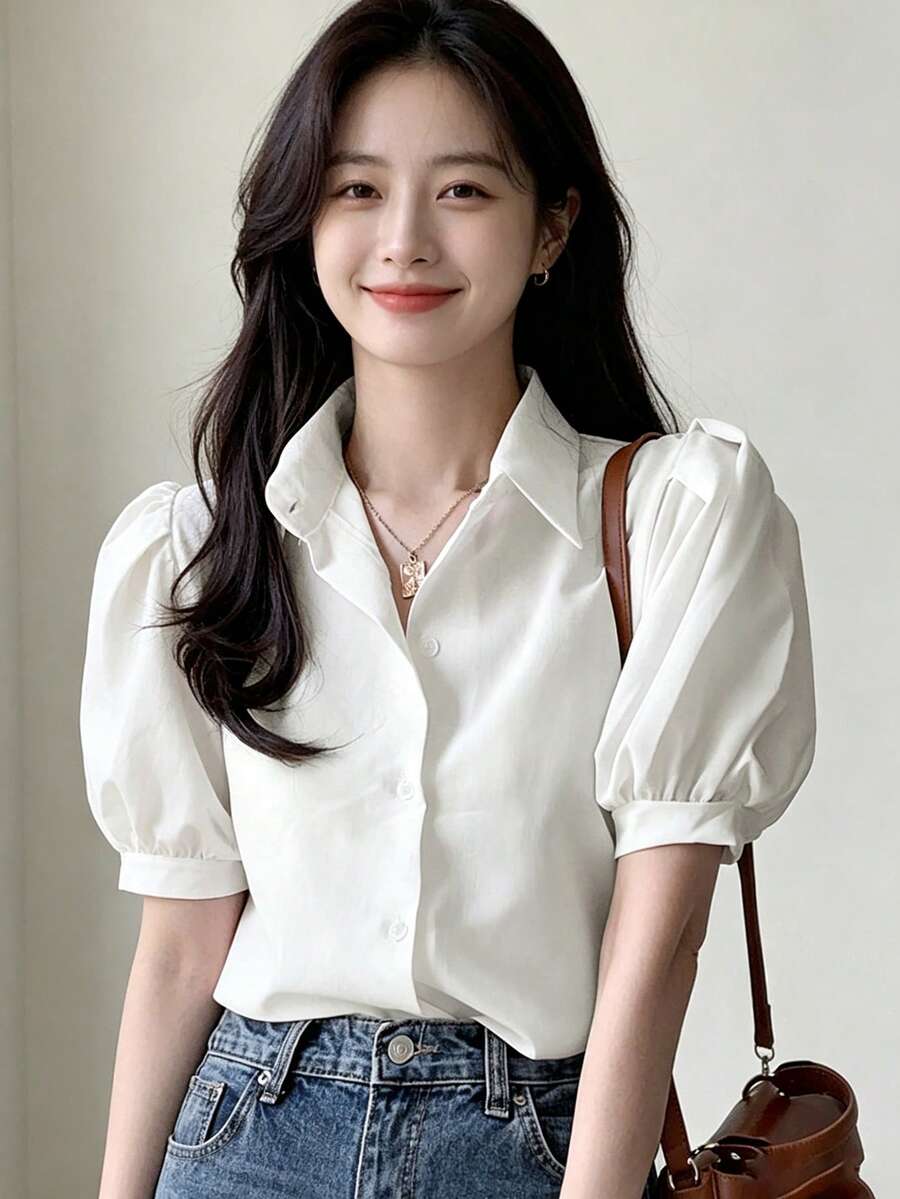 YCYC Korean Style Summer Design Fresh Versatile Minimalist Elegant Collar Petal Sleeve Blouse Women Top - White - View 1