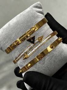 1/3件套金色朋克铆钉箭头锆石镶嵌手镯，不锈钢材质 - 适合女性/女孩日常佩戴、派对、约会、办公礼品 - 金色 - 查看 5