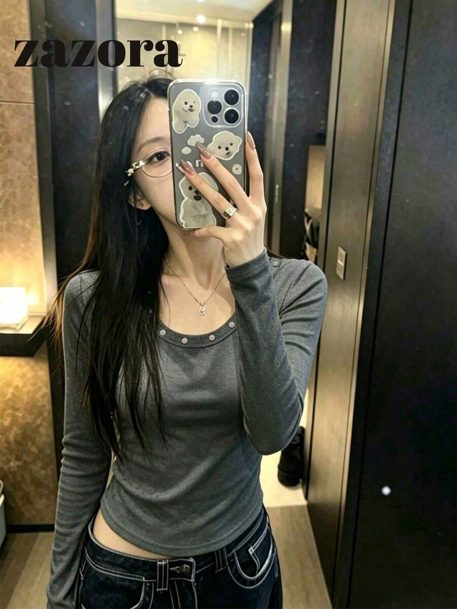 鉚釘圓領秋季針織毛衣,鉚釘裝飾百搭修身顯瘦女款上衣 - 灰色 - 查看 1