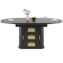 Extendable Dining Table With Storage, 118-158cm Table With Rattan Drawers, MDF Wood Look, Black / Natural Wood / Oak Look - Black + MDF - View 10