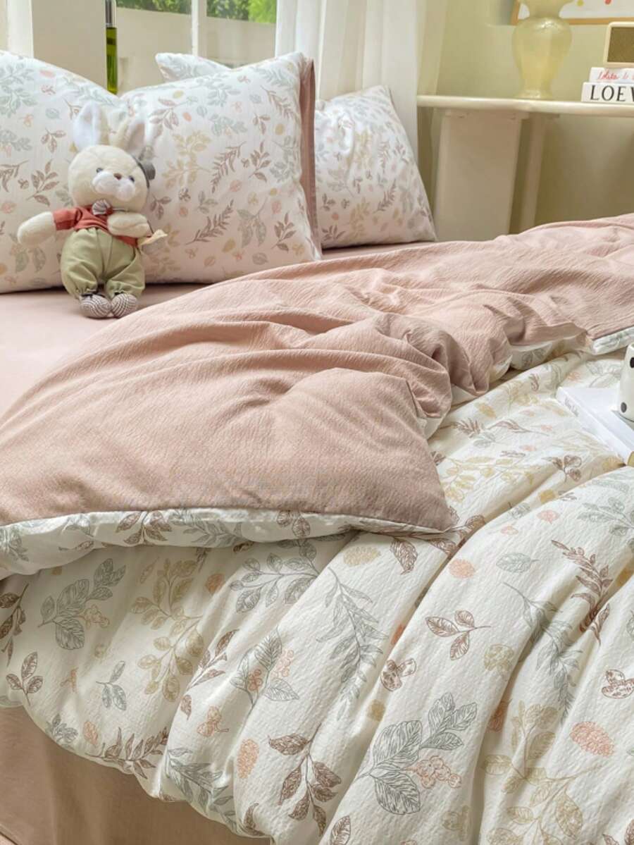 Morandi Natural Floral Bedding Set, Minimalist Nordic Style, Includes 1 Duvet Cover, 1 Flat Sheet, And 2 Pillowcases, Solid Color Sheet, Forest Leaf Print, 100% Polyester, Soft Texture (No Filling)